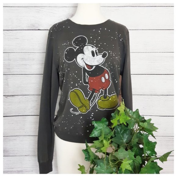 Mickey Mouse Disney Sweatshirt Gray Paint Splatter Distressed Look Crew Neck - Picture 1 of 7